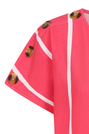 Alice Collins Ladies Button Shoulder Top Hot Pink/White