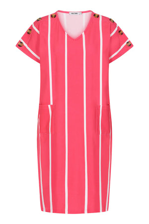 Alice Collins Ladies Button Shoulder Dress Hot Pink/White