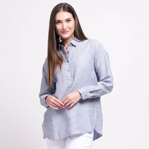 Foil Shirt ‘High Roller’ Button Detail Linen In Blue