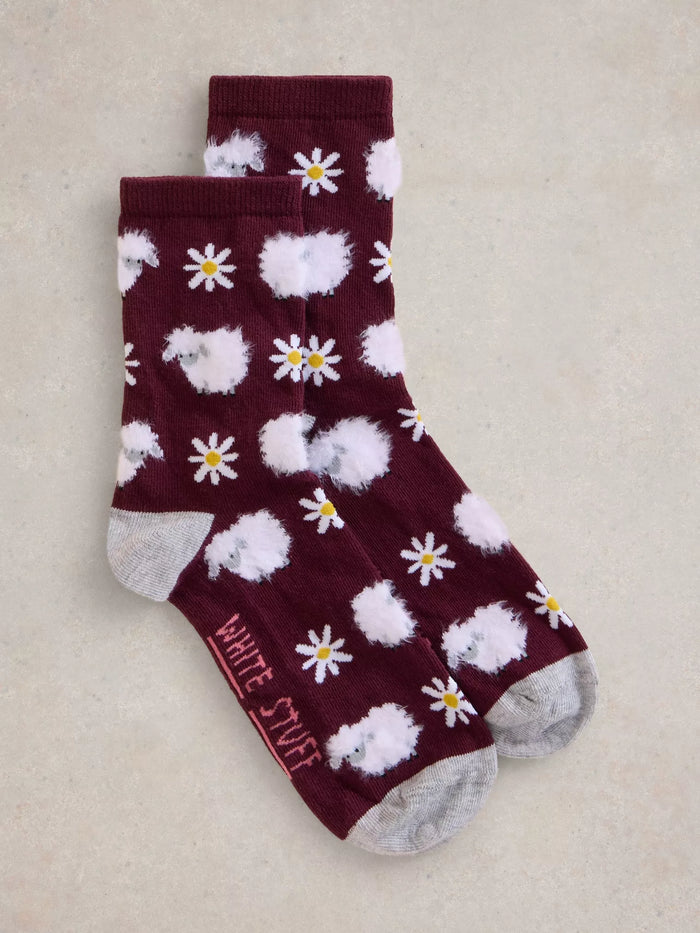 White Stuff Fluffy Sheep Ankle Sock Plum Multi 3-5