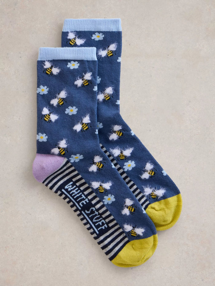 White Stuff Fluffy Bee Ankle Sock Navy Multi 6-8