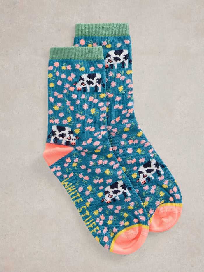 White Stuff Cow Floral Ankle Sock Teal Multi 6-8