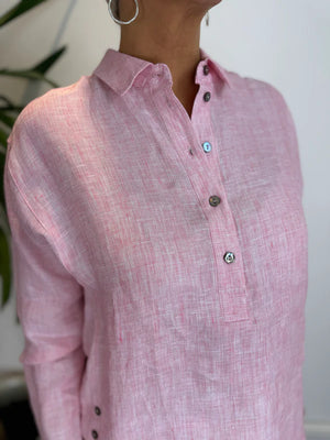 Foil Shirt ‘High Roller’ Button Detail Linen In Pink Hash