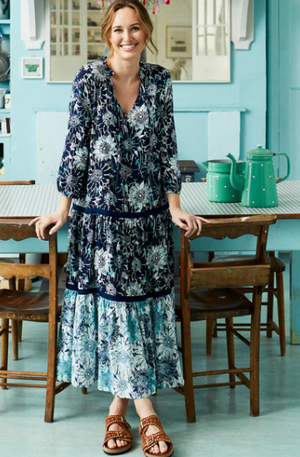 Monsoon Arianna Jersey Shirt Midi Dress UK XL Blue Multi Floral Bnwt