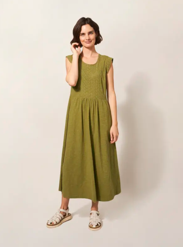 White Stuff Violet Mid Green Jersey Broderie Dress