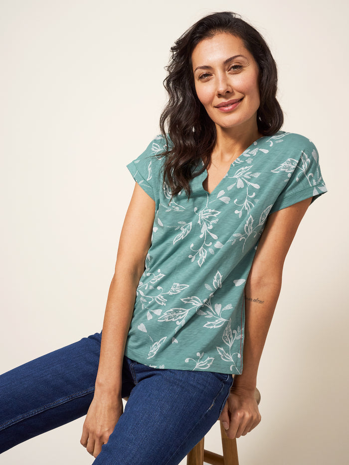 White Stuff Nelly Teal Print Notch Neck Tee