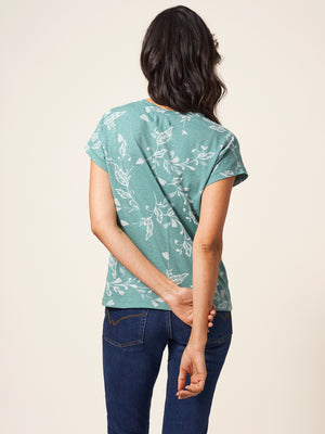 White Stuff Nelly Teal Print Notch Neck Tee