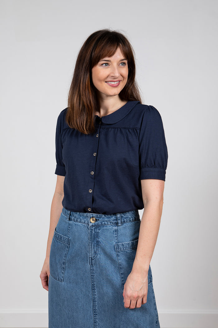 Lily & Me LM23059E Lily Navy Blue Plain with Trim Detail Top
